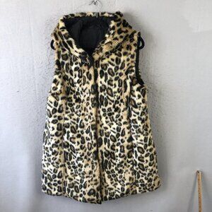 Via Spiga Vest Womens Large Leopard Faux Fur Reversible Hooded Quilted Puffer